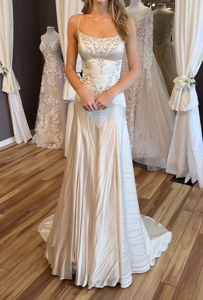 Gentle White Mermaid Beaded Satin Prom Dress Formal Dress Wedding Dress DP3394