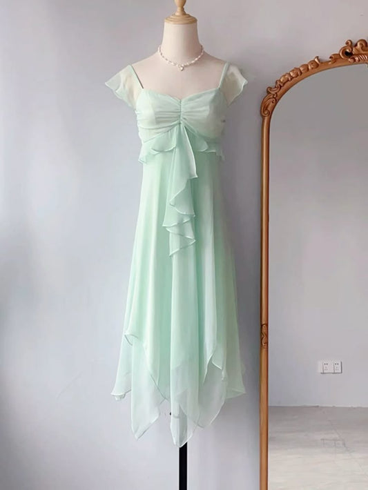 Mint Green Flowy A Line Strap Ruffle Chiffon Long Prom Dress Evening Dress DP3319