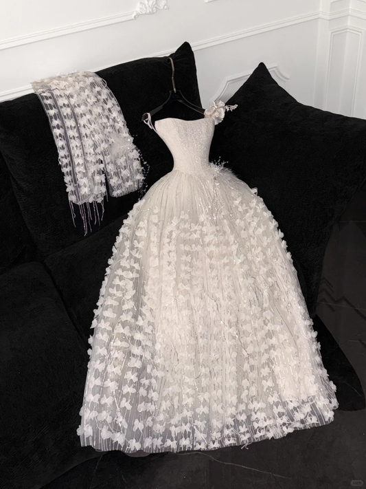 Gorgeous A Line Strapless Sequin Flower White Tulle Prom Dress Party Dress DP2682