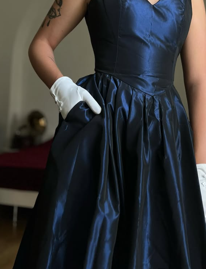 Vintage Navy Blue A Line V Neck Satin Prom Dress Evening Dress Date Dress DP5701