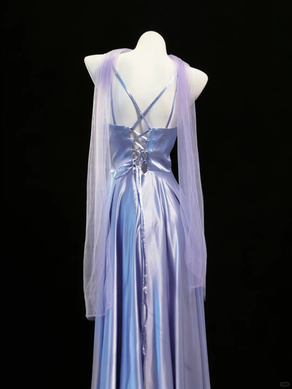 Simple Vintage A Line Spaghetti Strap Pleated Satin Prom Dress Evening Dress DP4730
