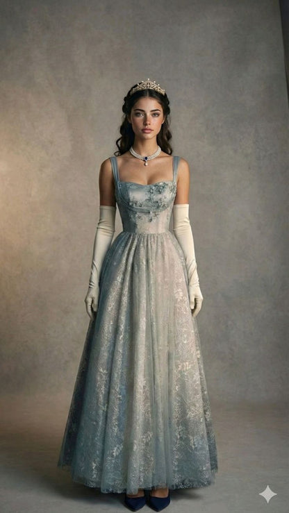 Gentle Sage Green A Line Straps Beaded Lace Prom Dress DP5179