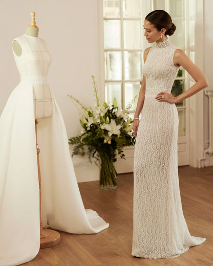 Stunning Sheath High Neck White Lace Long Prom Dress Wedding Dresses DP3663