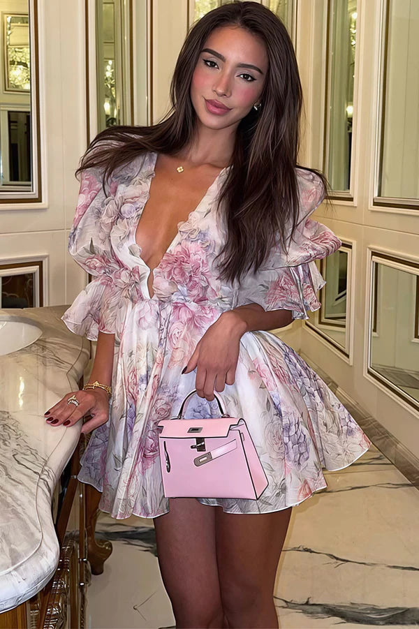 Pretty A Line Long Sleeve Print Floral Chiffon Mini Dress Homecoming Dress DP5370