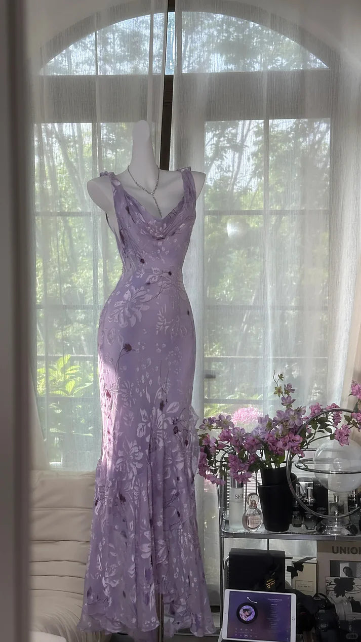 Gentle Retro Mermaid Straps Print Floral Purple Satin Prom Dress Formal Dress DP3511