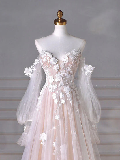 A Line Sweetheart Neck Long Sleeve Lace Tulle Light Champagne Long Prom Dress DP943