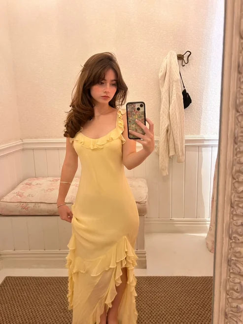 Yellow Sheath Straps Ruffle Chiffon Slit Long Prom Dress Outfits DP6825