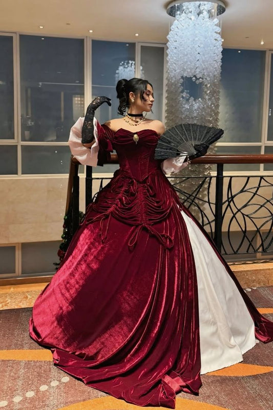 Vintage Burgundy A Line Long Sleeve Velvet Long Prom Dress Evening Dress DP8064