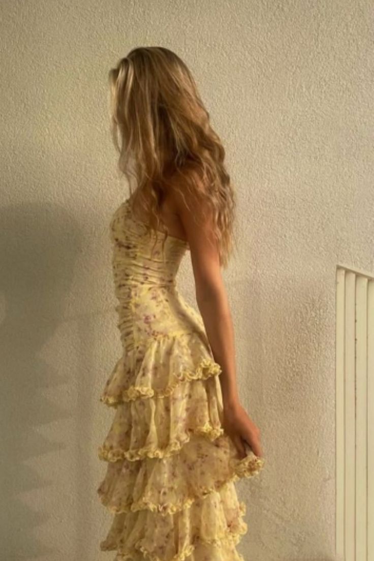 Yellow Sheath Strapless Layered Print Floral Chiffon Prom Dress Vacation Dress DP4040