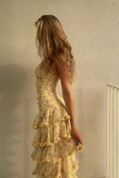 Yellow Sheath Strapless Layered Print Floral Chiffon Prom Dress Vacation Dress DP4040