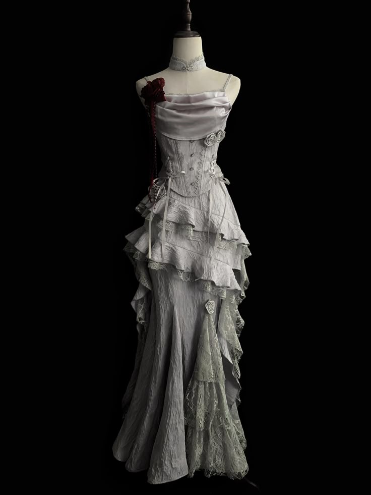 Grey Mermaid Spaghetti Strap Ruffle Lace Satin Prom Dress 22th Birthday Dress DP3980