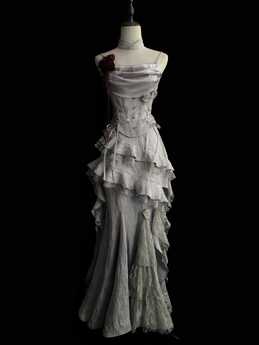 Grey Mermaid Spaghetti Strap Ruffle Lace Satin Prom Dress 22th Birthday Dress DP3980