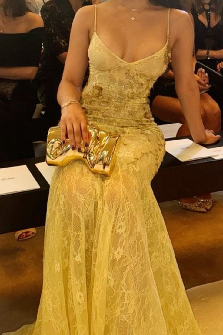 Yellow Lace Mermaid Spaghetti Straps Sexy Long Formal Dress Evening Party Dresses DP3126