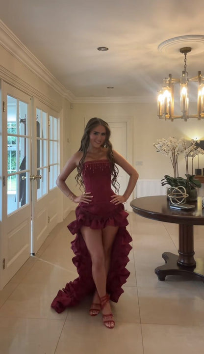 Vintage Burgundy A Line Strapless Beaded Satin Ball Gown DP4838