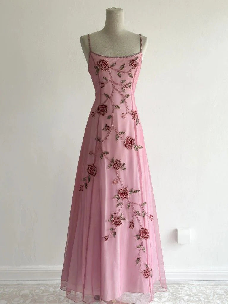 Sweety Pink Rose A Line Straps Beaded Tulle Long Prom Dress DP5087