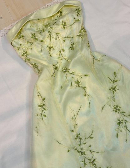 Elegant A Line Strapless Embroidery Light Yellow Satin Prom Dress Evening Dress DP1641