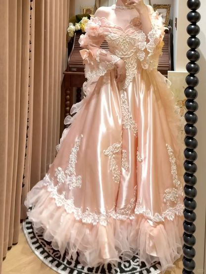 Sweety A Line Long Sleeve Appliques Pink Organza Satin Prom Dress Party Evening Dress DP5325