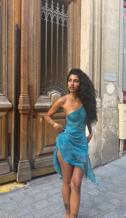 Sexy A Line One Shoulder Blue Chiffon Short Homecoming Dress Outfits Dress DP4743