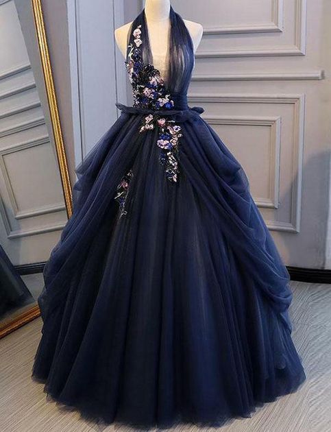 Navy Blue A Line Halter Appliques Backless Long Prom Dresses Evening Dresses DP820