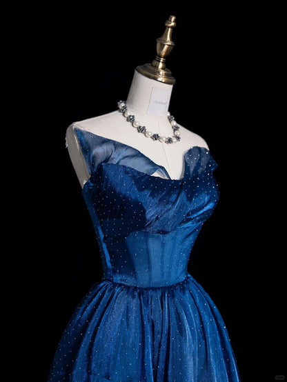 Elegant A Line Strapless Blue Tulle Long Prom Dress Graduation Prom Dress DP4212