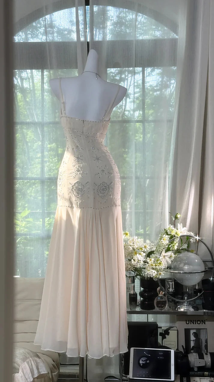 Ivory Mermaid Spaghetti Straps Rhinestone Chiffon Prom Dress Formal Dress Party Dress DP3513