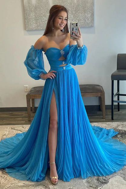 Stylish A Line Sweetheart Blue Long Prom Dress with Keyhole DP7758