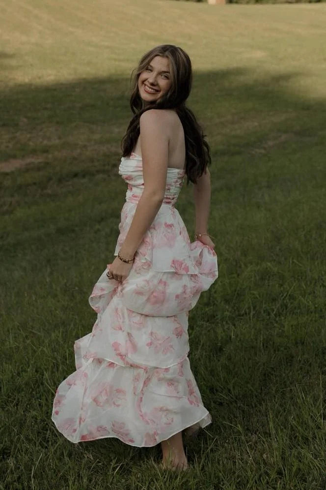 Romantic Pink Print A Line Sweetheart Neck Layered Chiffon Evening Dress Prom Dress DP7650