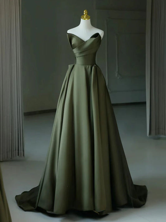Elegant A Line V Neck Satin Green Long Prom Dress DP840