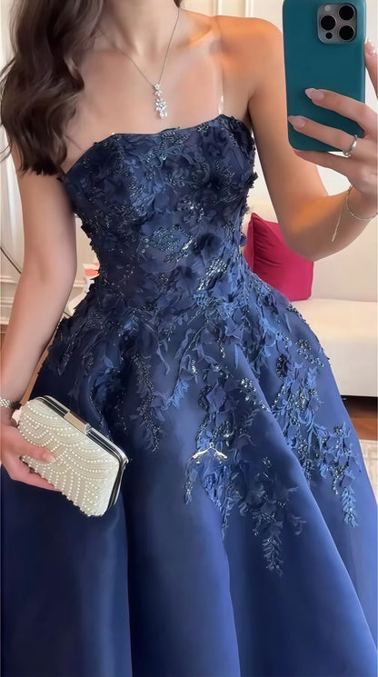 Elegant Navy Blue A Line Strapless Beaded Tulle Long Prom Dress DP5062