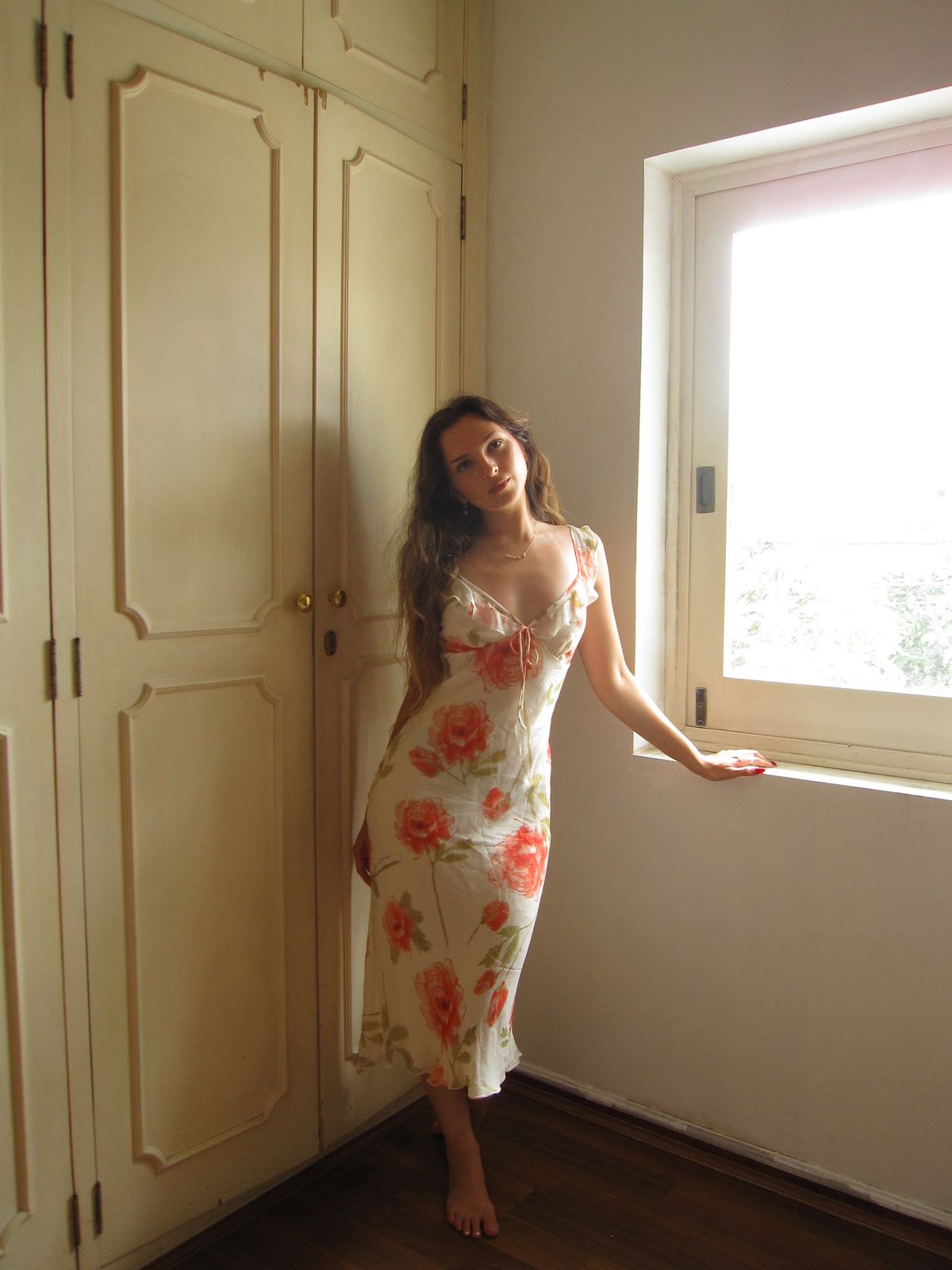 Gentle Sheath Straps Printed Floral Chiffon Tea Length Vacation Dress Outfits DP4044