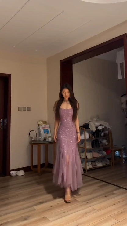 Pretty Lilac Mermaid Spaghetti Strap Beaded Tulle Party Dress Evening Dress DP2872