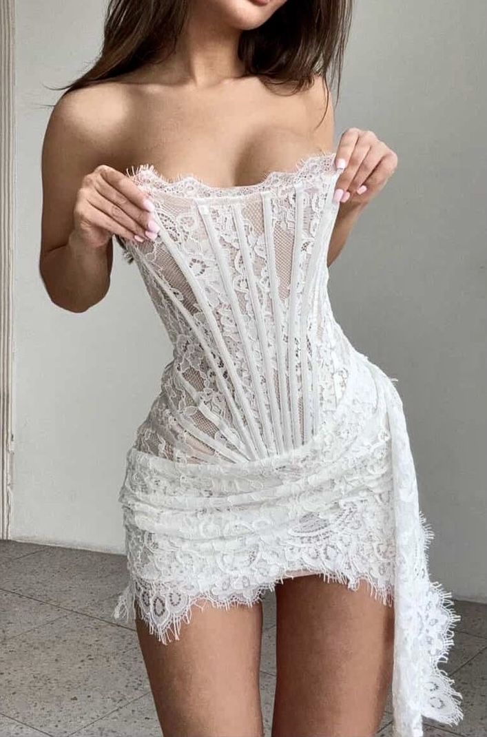 Sexy Sheath Strapless Corset White Lace Short Prom Dress Homecoming Dress DP7105