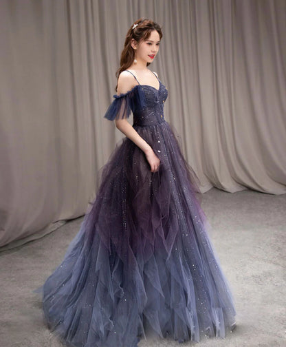 A-line Dark Purple Tulle Long Prom Dress, Purple Formal Party Dresses DP3367