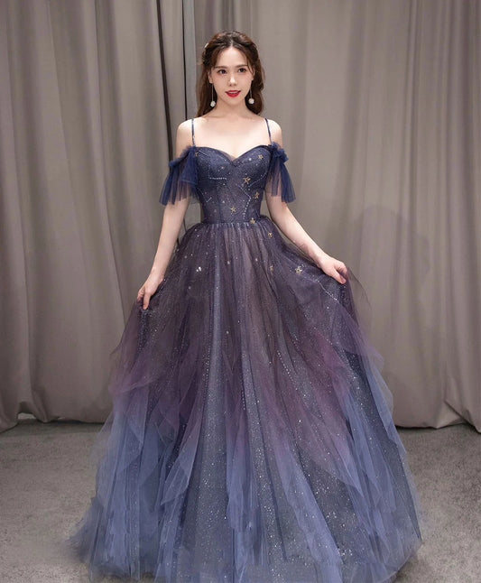 A-line Dark Purple Tulle Long Prom Dress, Purple Formal Party Dresses DP3367