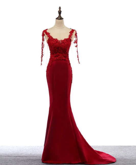 Burgundy Mermaid Round Neck Lace Satin Long Prom Dress Formal Dress DP1161