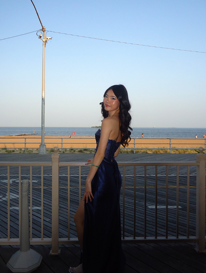 Navy Blue Mermaid Sweetheart Neck Beaded Satin Prom Dress Evening Dress with Slit DP3463