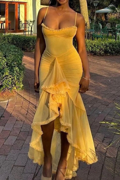Sexy Yellow Mermaid Spaghetti Strap Tulle Long Prom Dress Evening Dress DP6115