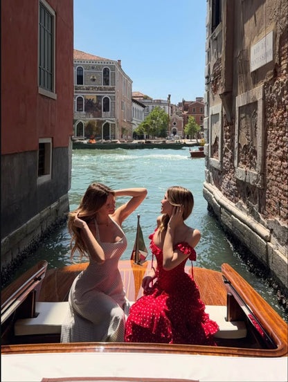Charming Red Polka Dot A Line Off the Shoulder Layered Chiffon Prom Dress Evening Dresses DP7581
