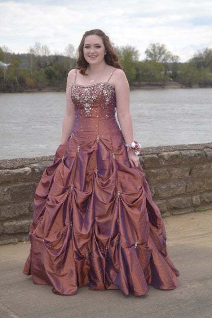 Unique Ball Gown Straps Beaded Pleated Satin Prom Dress Graduation Prom Dress DP5103
