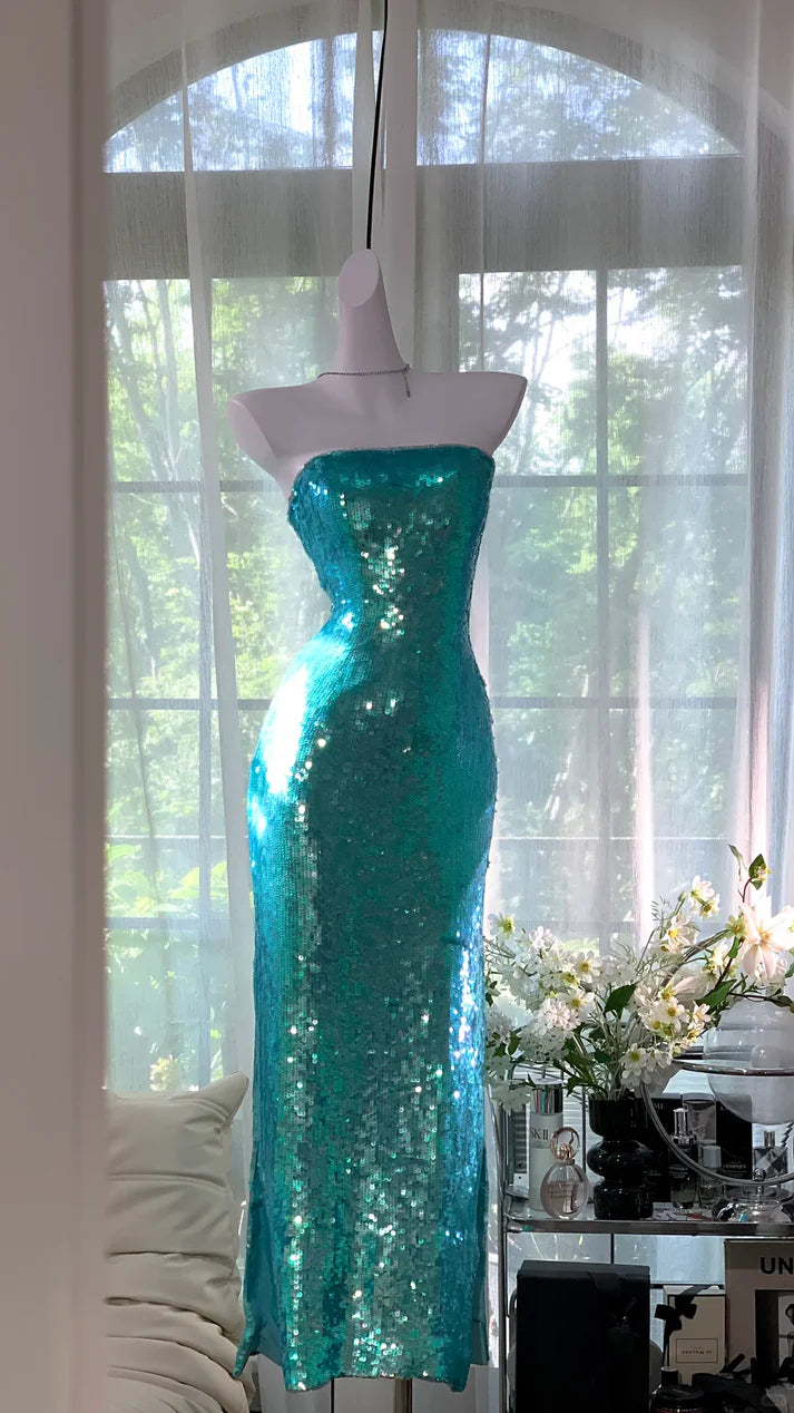 Shiny Blue Sheath Strapless Sequin Prom Dress Formal Dress Party Dress DP3512