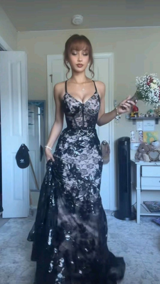 Stunning Black Mermaid Spaghetti Strap Sequin Tulle Long Prom Dress DP8148