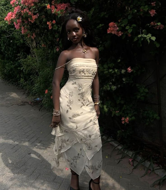 Apricot Embroidery Floral Bead Layered Chiffon Homecoming Dress Party Dress Evening Dress DP3084