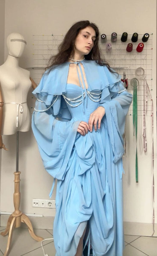 Simple Blue Flowy Long Sleeve Chiffon Long Party Dress Date Dress with Cape DP2936