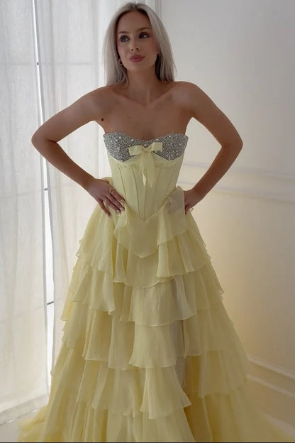 Yellow A Line Strapless Corset Beaded Layered Chiffon Evening Dress Prom Dress DP7678