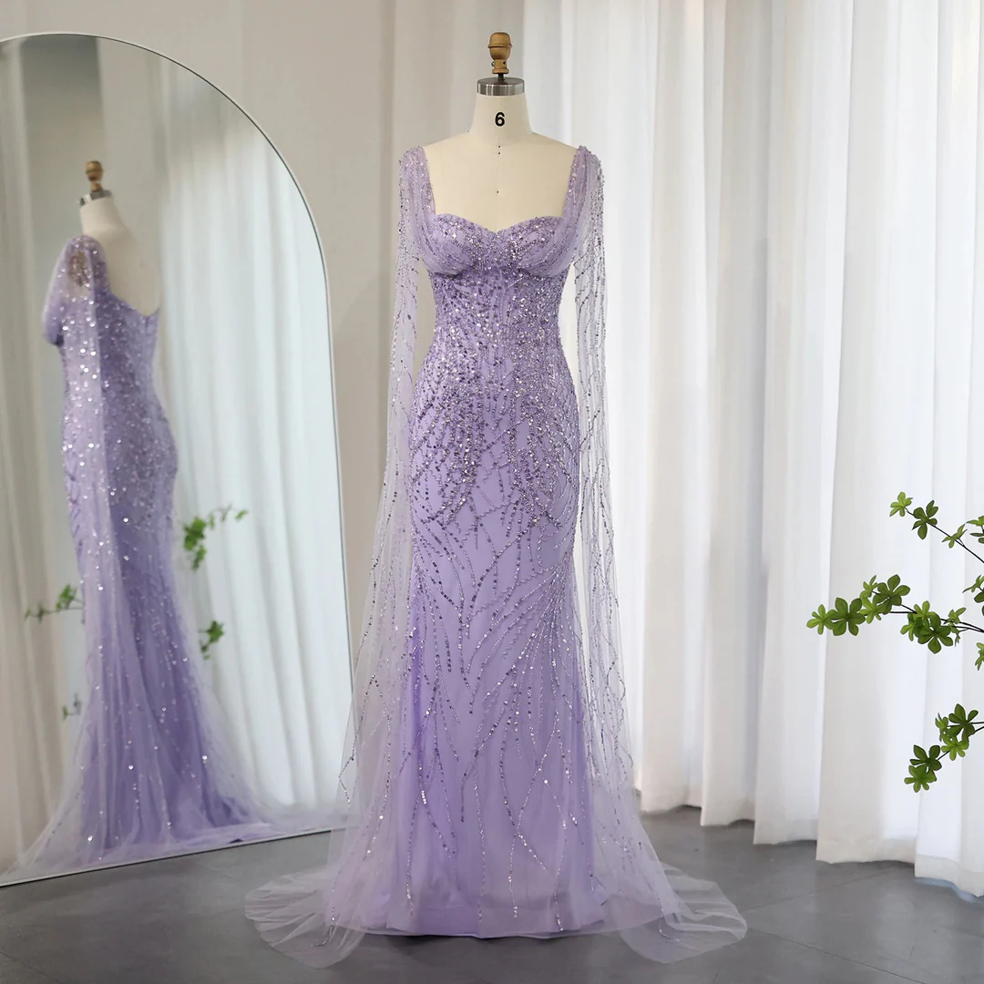 Blue Luxury Mermaid Beads Sequins Tulle Evening Dresses with Cape Sleeves DP1403