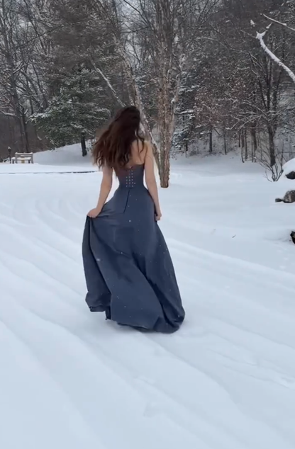 Simple A Line Strapless Grey Satin Long Prom Dress Graduation Prom Dress DP4872