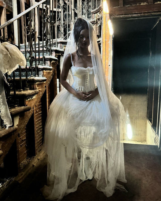 Retro Unique Ball Gown Spaghetti Strap Corset White  Satin Tulle Wedding Dress DP3283