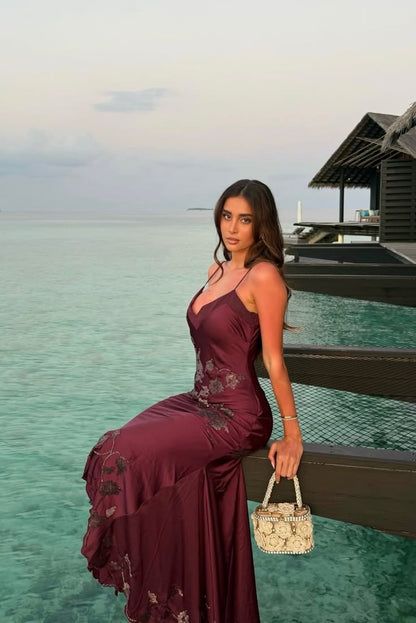 Dark Burgundy Mermaid Strap Sequin Beaded Satin Long Prom Dress DP7783