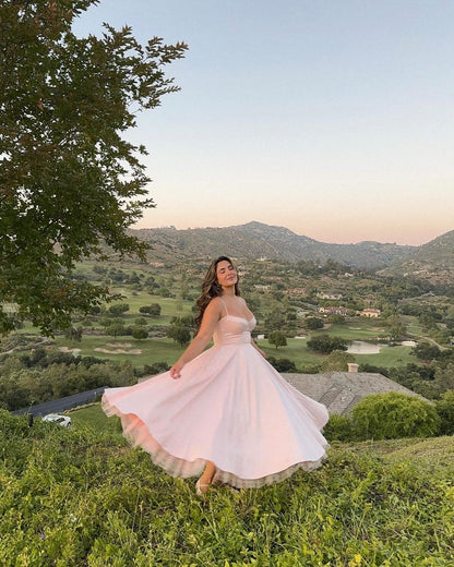 Pink A Line Spaghetti Strap Satin Tulle Long Party Dress Birthday Dress DP2421