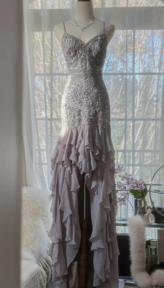 Light Lilac Sheath Spaghetti Strap Beaded Appliques Chiffon Prom Dress Graduation Prom Dress DP1997